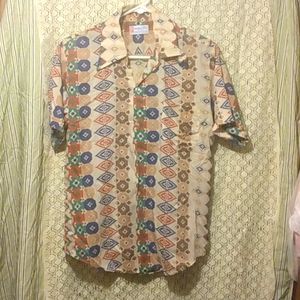 Vintage 70s Western Wear Print Short Sleeve Button Up Cotton Blend Shirt Size 15